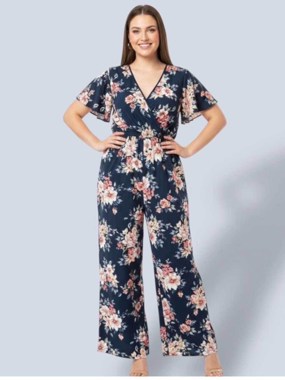 Navy Floral V-Neck Wide-Leg Jumpsuit - Xhilaration-XL women’s, pockets